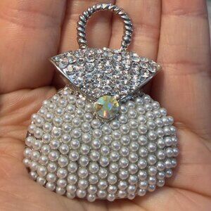 Purse Brooch Pendant 2.5” Figural Faux Pearl Rhinestone Pin